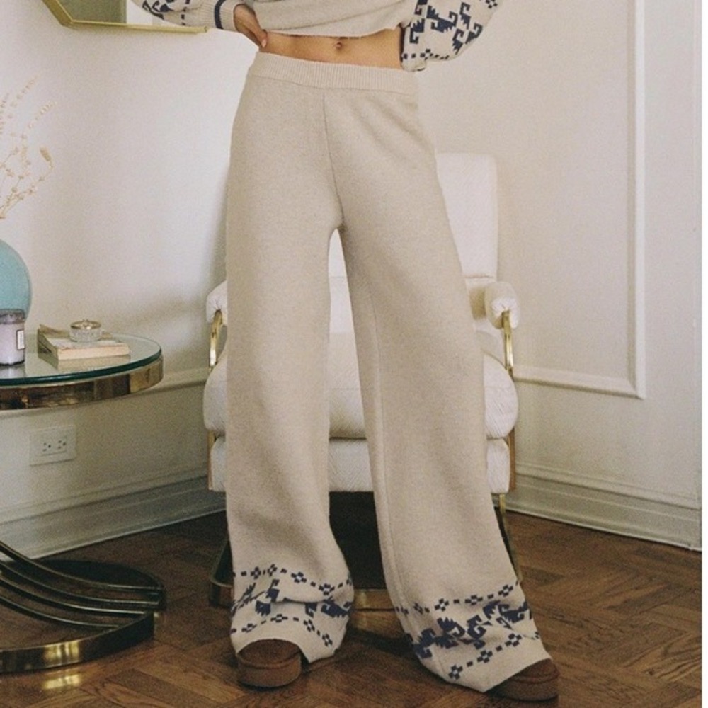 NWT‎ Princess Polly Alpine Knit Pants Cream Blue Wide Leg Fair Isle US 12